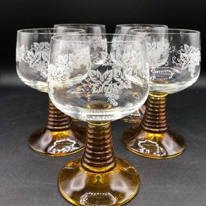 8 Roemer Wine Glass Amber Beehive Stem Wine Glasses Etched West Germany